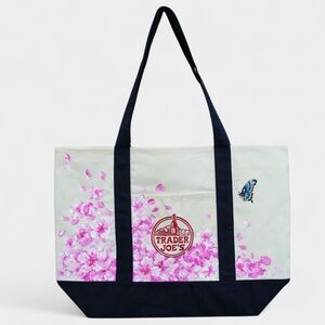 Hand Painted Trader Joe Large Canvas Tote Bag with Cherry Blossom and Butterfly